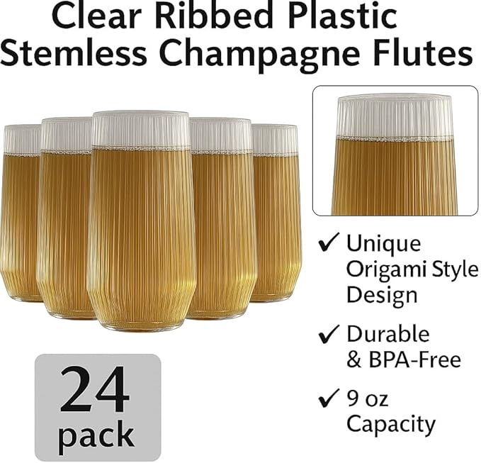 24 Pack Ribbed Ripple Stemless Toasting Glasses, Origami Durable 9 Oz BPA-Free Disposable Plastic Champagne Flutes for Weddings, Bars, Events, and Celebrations (Clear)-CasaMuseHome