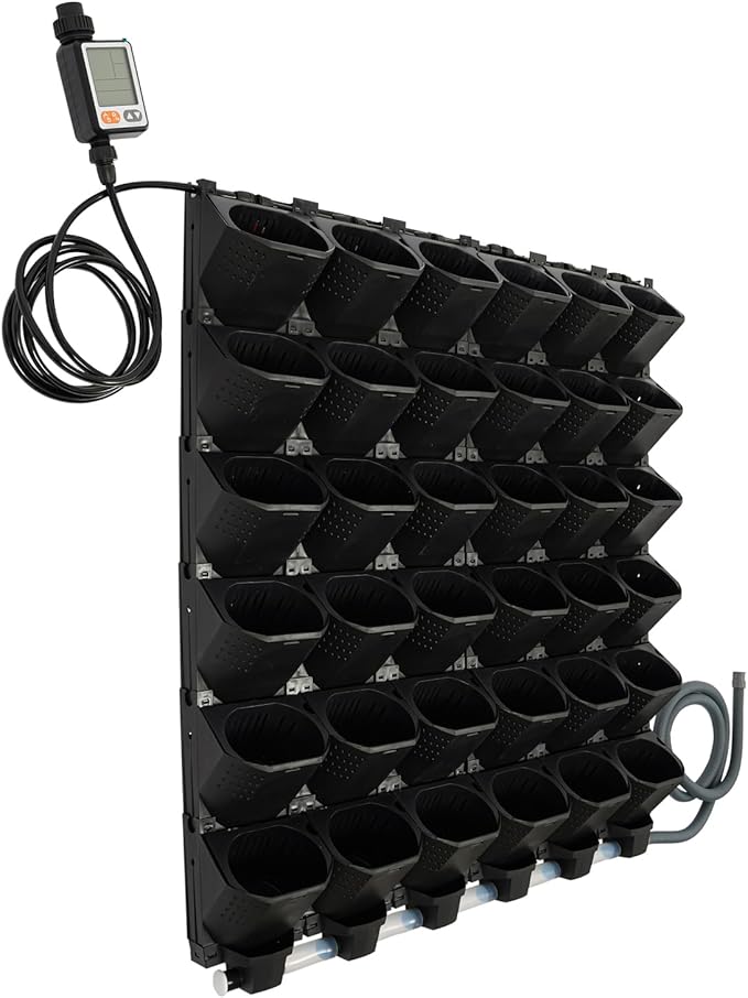36 Pockets Hanging Planter Bags, Vertical Wall Mounted Plant Planting Grow Bags, Stackable Wall Planter with Timer, Self Watering Hanging Planters for Outdoor Indoor Garden-Black-CasaMuseHome