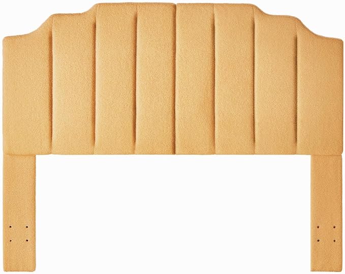 24KF Yellow Teddy Fabric Tufted for Queen Upholstered Headboard, Modern Vertical Channel Design Full Headboard with Stepped Silhouette Top Edge,6026-Q-Teddy Yellow-CasaMuseHome