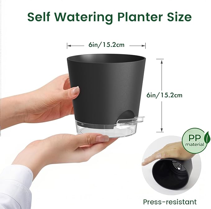 6 inch Self Watering Pots for Indoor Outdoor Plants, 3 Pack Flower Plant Pots with Drainage Holes and Clear Reservoirs, Visible Water Level, Plastic Planters with Wicking Rope, Black-CasaMuseHome