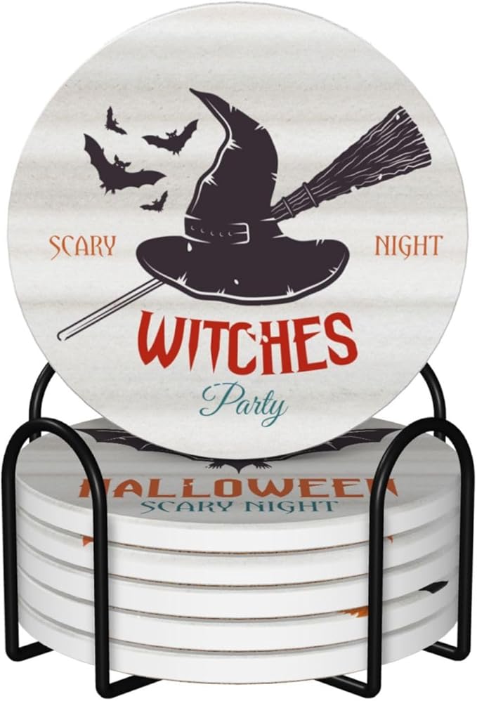 6 PCS Halloween Coasters with Metal Holder and Cork Base Ceramic Drink Coasters Absorbent Cup Mat Non-Slip for Home Kitchen Office Table Decor, 4 Inch Halloween 1-CasaMuseHome