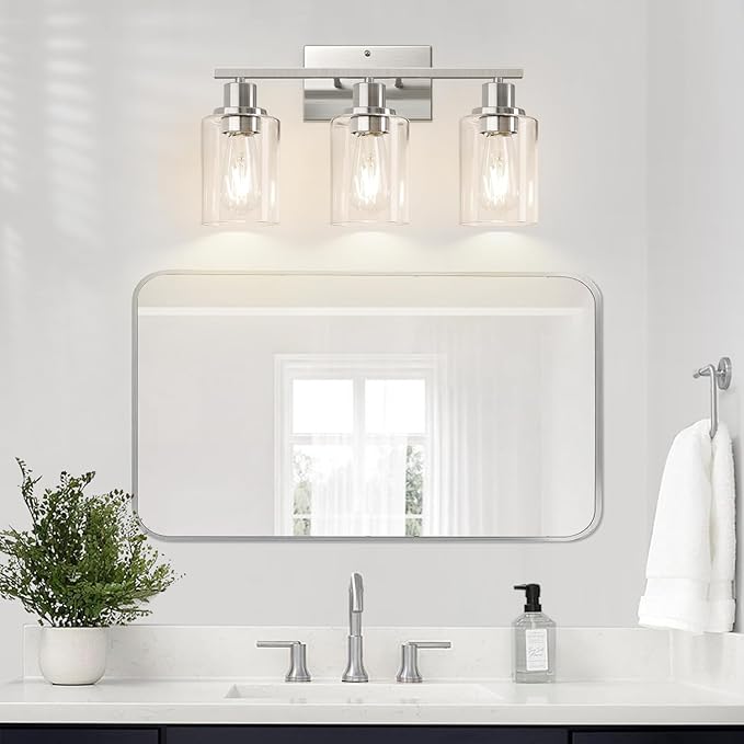 3-Light Bathroom Light Fixtures, Brushed Nickel Vanity Lights with Clear Glass Shades, Modern Bathroom Wall Lamp for Mirror Living Room Cabinet Bedroom Porch-CasaMuseHome