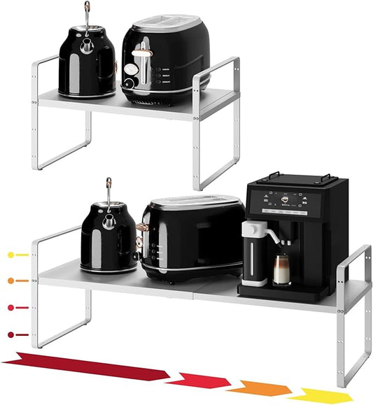 16.5~27.1" Expandable Shelf Organizer, 1Pack 10.2" Wide Stackable Cabinet Shelf Organizers, White Metal Sturdy Kitchen Counter Storage for Countertop, Adjustable Height Spice Rack-CasaMuseHome