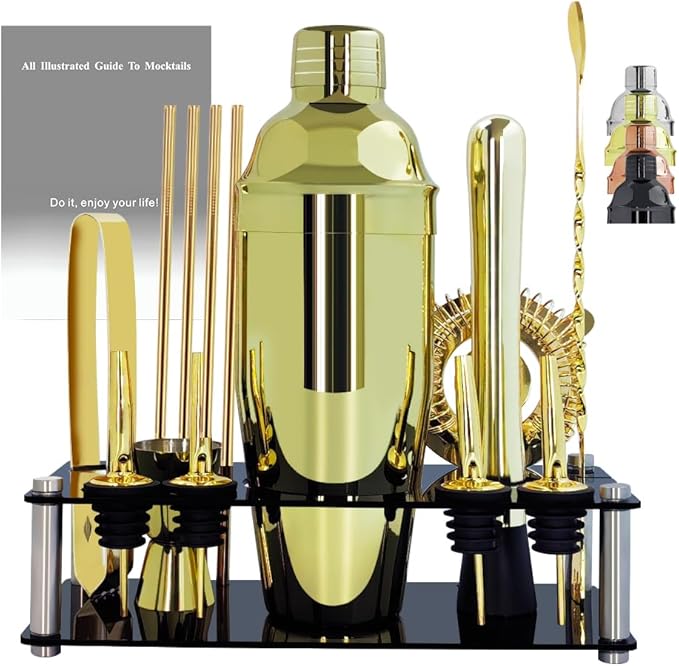 14-Piece Cocktail Shaker Set Bartender Kit with Black Stand, Bar Tool Set for Drink Mixing Bartending Kit Bar Sets Accessories: 750ml(25oz) Shaker, Jigger, Muddler, Cocktail Recipes (Gold)-CasaMuseHome
