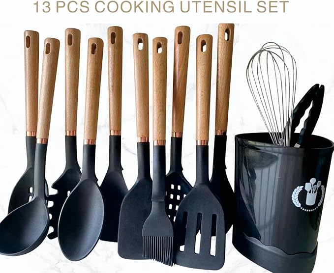 13-Piece silicone utensil set wood handle nonstick cookware safe dishwasher safe kitchen tools BPA free heat resistant (450°F/230°C) ceramic pan safe cooking gifts housewarming (Black)-CasaMuseHome