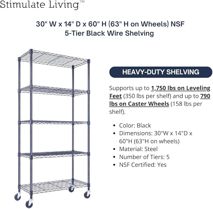 30"x14"x60" PRIME HEAVY DUTY Black 5-Tier Wire Shelving 1,750 LBS MAX Capacity Storage Rack for Commercial, School, Home, Garage, Warehouse, Industrial, and Hospital Uses (with Wheels)-CasaMuseHome