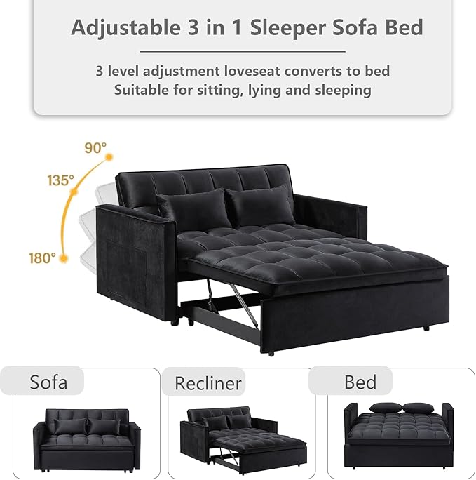 3 in 1 Convertible Sleeper Sofa Bed,Futon Loveseat Couch with Pull-Out Bed & Adjustable Backrest,Velvet Fabric Sofa with Side Pocket for Small Apartment, Living Room, Office (Black)-CasaMuseHome