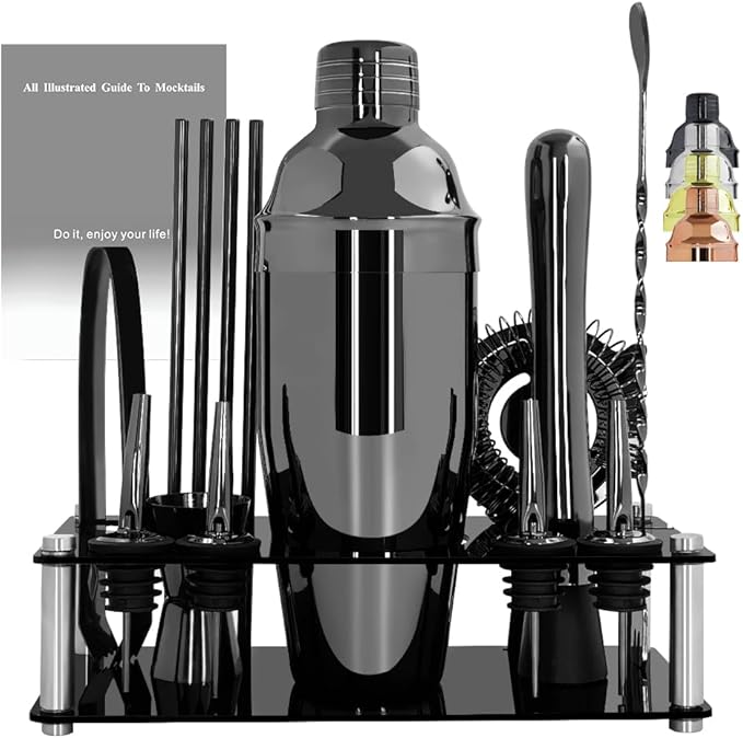 14-Piece Cocktail Shaker Set Bartender Kit with Black Stand, Bar Tool Set for Drink Mixing Bartending Kit Bar Sets Accessories: 750ml(25oz) Shaker, Jigger, Muddler, Cocktail Recipes (Black)-CasaMuseHome