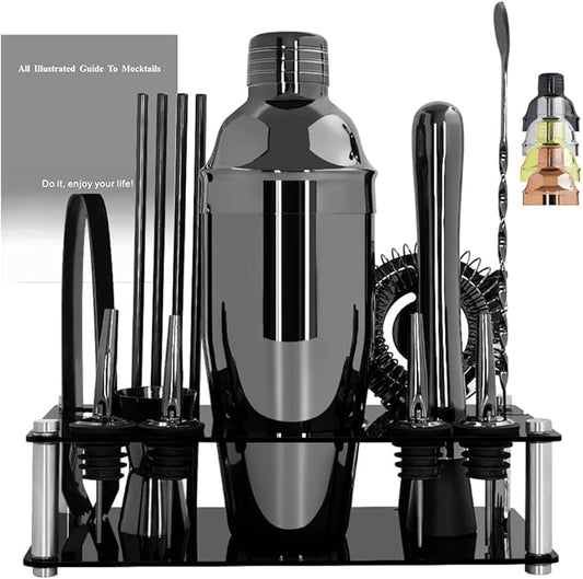 14-Piece Cocktail Shaker Set Bartender Kit with Black Stand, Bar Tool Set for Drink Mixing Bartending Kit Bar Sets Accessories: 750ml(25oz) Shaker, Jigger, Muddler, Cocktail Recipes (Black)-CasaMuseHome
