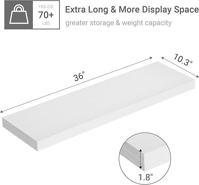 10 inches Deep Floating Shelves 36 inch Long, Wall Shelves Heavy Duty 70 lbs for Bedroom, Bathroom, Living Room, Kitchen, Office, Modern Shelf Home Decor with Invisible Bracket, White-CasaMuseHome