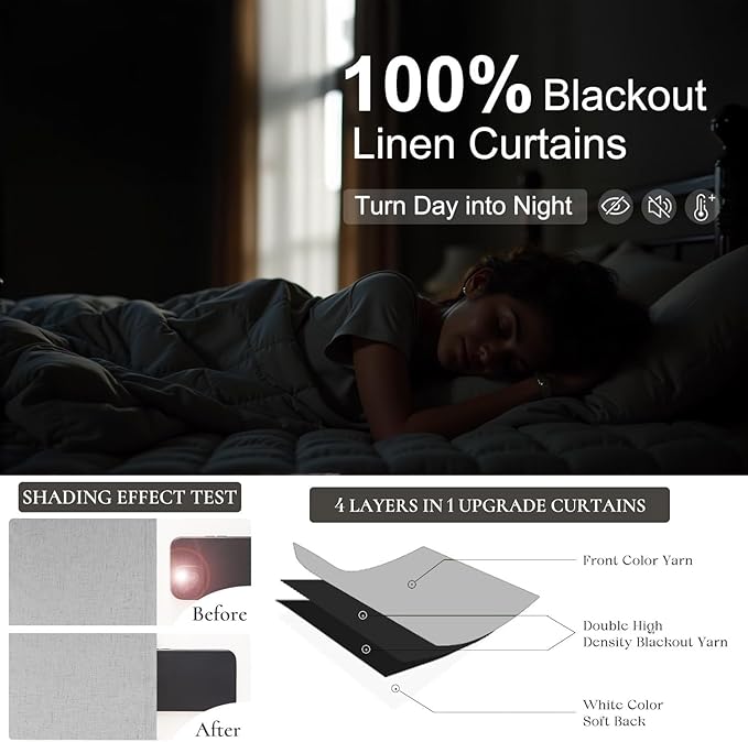 100 Percent Blackout Sliding Glass Door Curtains 120 Inches Long 2 Panels 10 FT Theater Floor to Ceiling Drape Linen Cotton Textured Luxury Curtains Farmhouse Black Out Light Grey Gray White Back Tab-CasaMuseHome