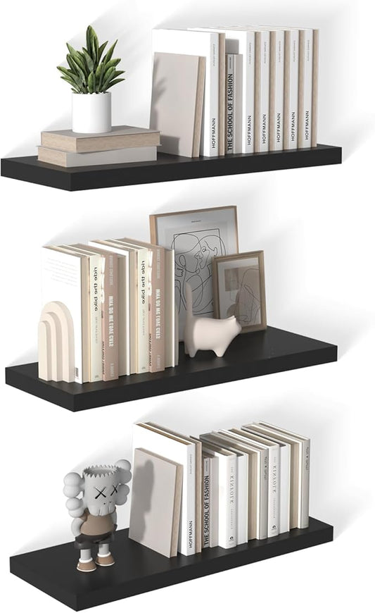 12 Inch Deep Floating Shelves for Wall 3 Pack Floating Shelves Large Storage Space Wall Mount Shelf for Living Room Kitchen Bathroom 30" W x 12" D x 1.2" H Black-CasaMuseHome