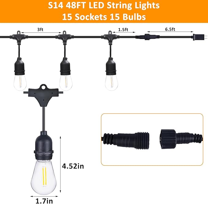 48Ft LED Outdoor String Lights with Dimmer, 15 Edison Bulbs Waterproof Patio String Lights with 4 Brightness Modes Remote Control (Included), Porch Backyard Bistro Decoration-CasaMuseHome