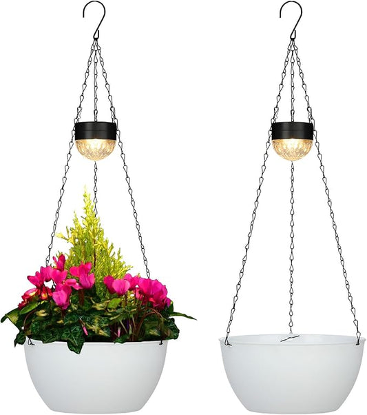 2 Packs Solar Hanging Basket Planters for Plants Outdoor, Self Watering White Flower Plants Pots with Solar Light Drainer for Balcony Patio Garden Outdoor Decoration-CasaMuseHome