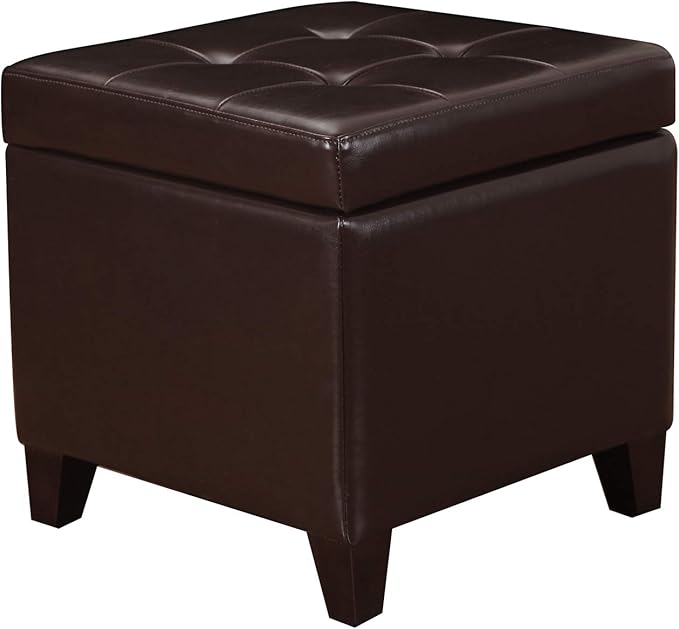 Adeco Bonded Leather Square Tufted Footstool, 18", Brown Storage Ottomans,-CasaMuseHome