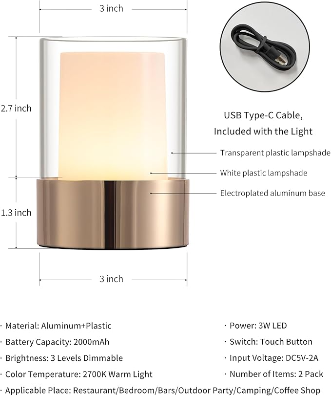 4" Mini Dining Table Light 2 Pack for Buffet Restaurant, Outdoor Waterproof Lamps for Bathroom Camping, Rechargeable Cordless Table Lamp for Bar, Touch Warm Night Light for Nursery Baby (Gold)-CasaMuseHome