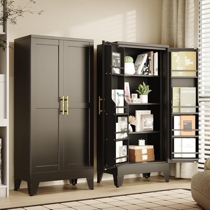 51" Kitchen Pantry Cabinet, Metal Storage Cabinet with 3 Adjustable Layer Shelves, 8 Door Shelves, Buffet Sideboard for Living Room, Kitchen, Black-CasaMuseHome