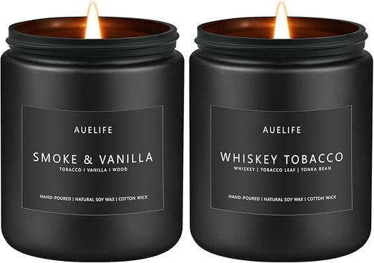 2 Pack Candle | Smoke & Vanilla + Whiskey Tobacco - Candles for Men - Masculine Candle, Soy Candles for Home Scented - Gifts for Men, Home Fragrance Manly Gifts - Each of 7oz-CasaMuseHome
