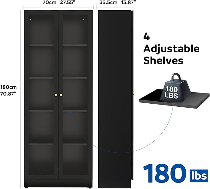 5 Tier Metal Curio Cabinets, Modern Bookshelf Cabinet with 4 Adjustable Shelves, Cabinet Display Case for Home Office, Living Room, Pantry (Black-27.5W)-CasaMuseHome