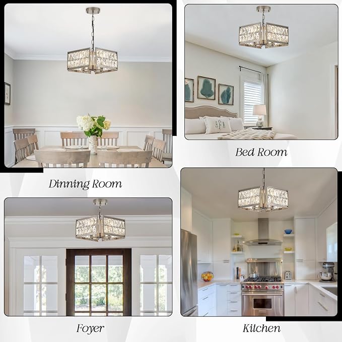 12” 4-Light Modern Crystal Chandeliers Nickel Dinning Room Light Fixture, Square Pendant Light Kitchen Island Chandelier, Flush Mount Ceiling Light for Living Room Entryway Bedroom Foyer-CasaMuseHome