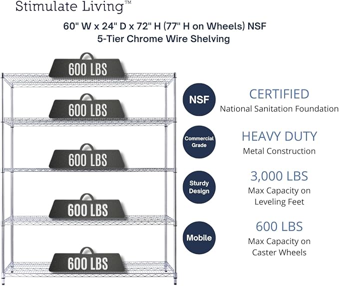 60"x24"x72" PRIME HEAVY DUTY Chrome 5-Tier Wire Shelving NSF 3000 LBS MAX Capacity Storage Rack for Commercial, School, Home, Garage, Warehouse, Industrial, and Hospital Uses (with Wheels)-CasaMuseHome