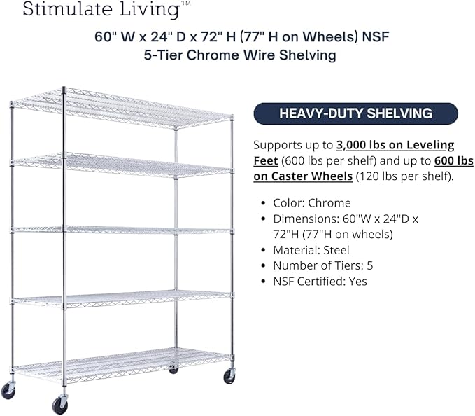 60"x24"x72" PRIME HEAVY DUTY Chrome 5-Tier Wire Shelving NSF 3000 LBS MAX Capacity Storage Rack for Commercial, School, Home, Garage, Warehouse, Industrial, and Hospital Uses (with Wheels)-CasaMuseHome