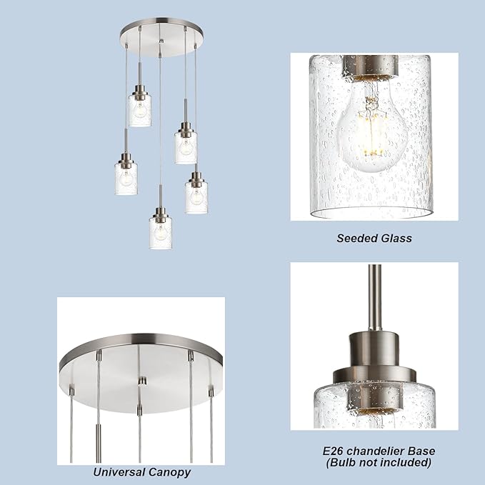 5 Light Farmhouse Pendant Lighting for Kitchen Island,Brushed Nickel Dining Room Cluster Pendant Light Fixtures Hanging Ceiling with Seeded Glass,Modern Pendant Light for Entrance Stairwell-CasaMuseHome