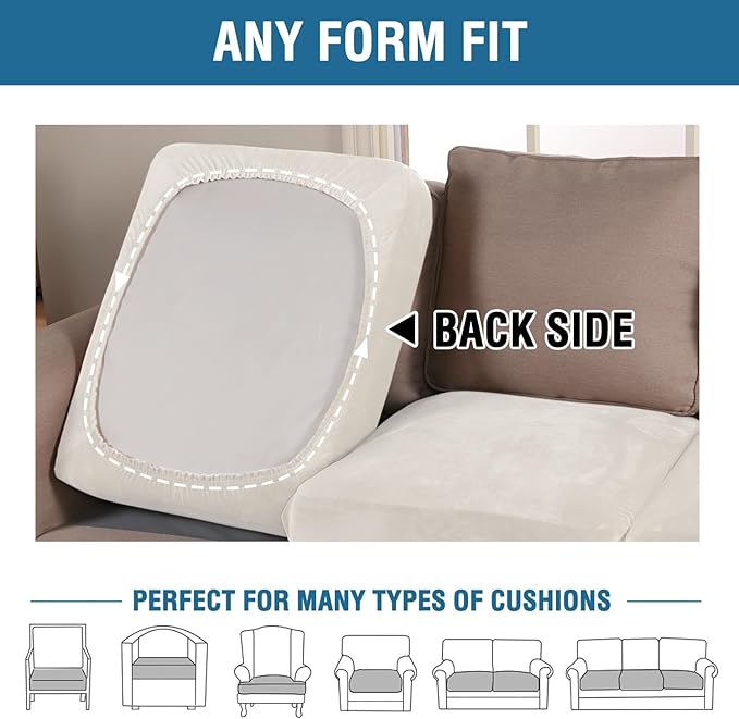H.VERSAILTEX Velvet Stretch Couch Cushion Cover Plush Cushion Slipcover for Chair Cushion Furniture Protector Seat Cushion Sofa Cover (1 Piece Armchair Cushion Covers, Porcelain)-CasaMuseHome