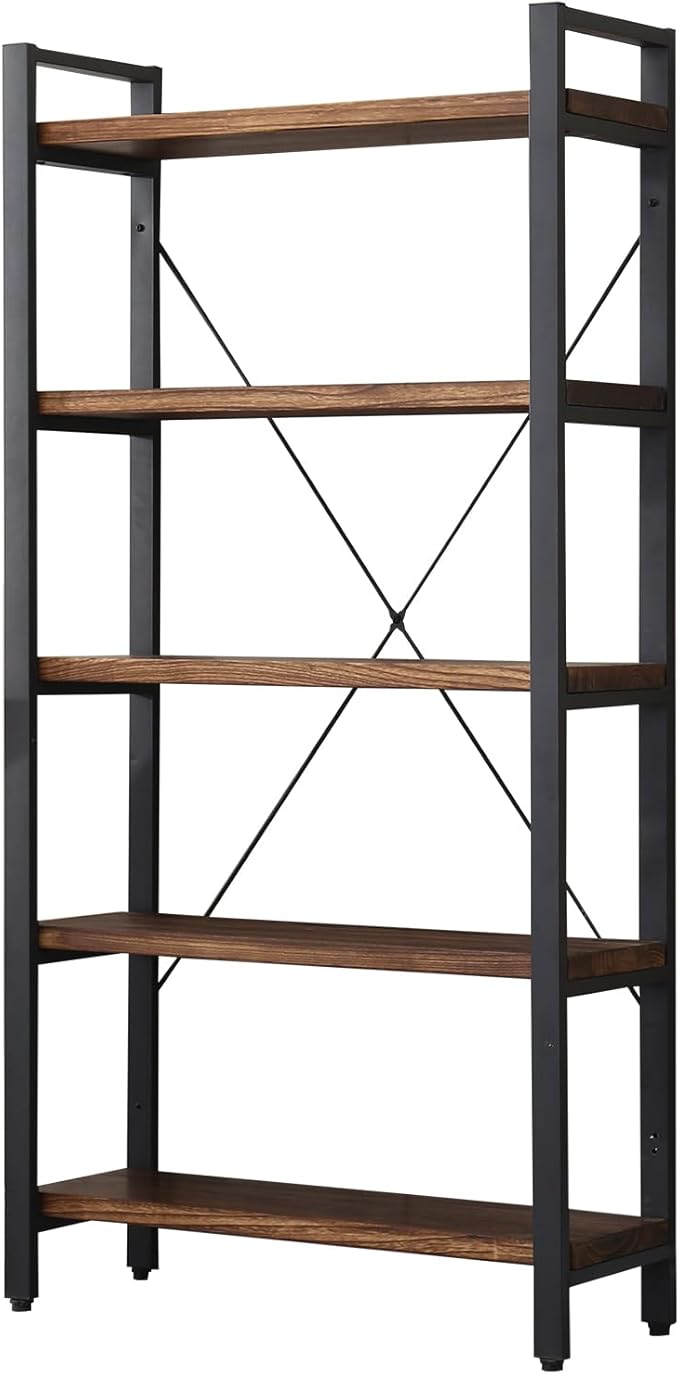 5 Tier Bookcase, Solid Wood Bookshelf Rustic Vintage Industrial Etagere Bookcase, Metal and Wood Free Vintage Bookshelf, Retro Brown (Real Wood) (5-Tiers)-CasaMuseHome