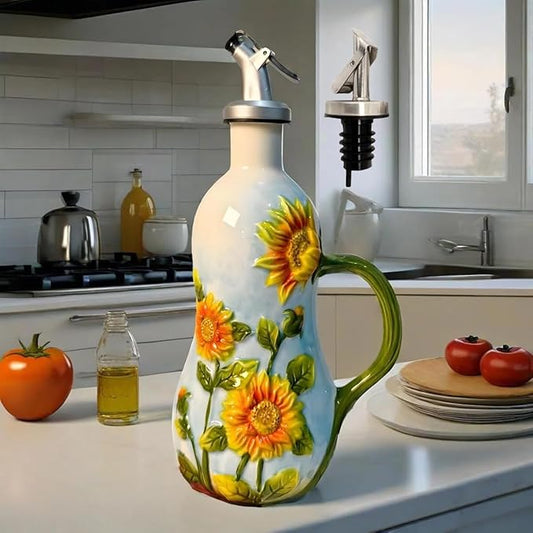 18 Oz Hand Painted Relief Ceramic Olive Oil Bottle Dispenser for Kitchen, Oil and Vinegar Bottle, Seasoning Bottle with Stainless Steel Nozzle, 540mL Oil Container with Handle for Cooking, Light Proof-CasaMuseHome