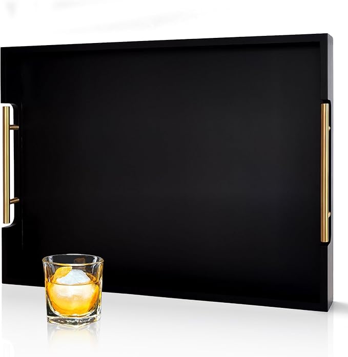 22 Inch Rectangle Black Ottoman Tray with Gold Metal Handles, Extra Large Wooden Serving Tray for Living Room, Coffee Table, Kitchen & Hosting-CasaMuseHome
