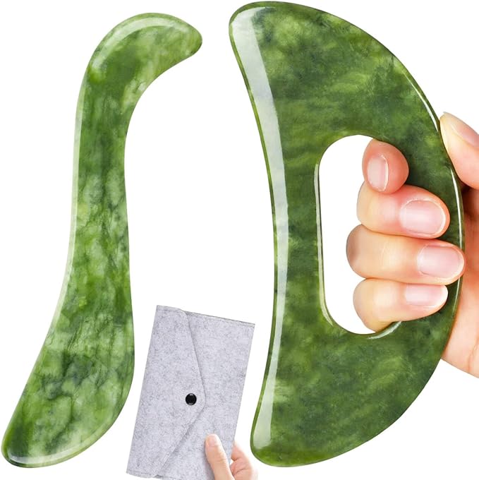 2 PCS Jade Stone Gua Sha Massage Tool, Large Guasha Muscle Scraper Tools Set with Handle Muscle Scraping Massage Tools S Shaped Anti Cellulite Spa Acupuncture Tools for Lymphatic Drainage-CasaMuseHome