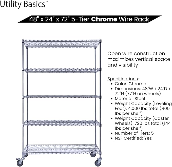 48"x24"x72" Chrome 5-Tier PREMIUM Wire Shelving NSF 4000 LBS MAX CAPACITY Heavy Duty Steel Storage Rack for Warehouses, Garages, Hospitals, Commercial Spaces, & Schools w/PREMIUM WHEELS-CasaMuseHome