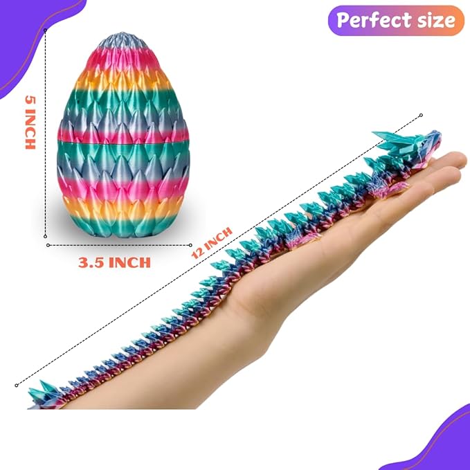 3D Printed 12” Articulated Crystal Dragon Inside 5.1” Egg – Fantasy Collectible, Fidget Toy & Stocking Easter Basket Stuffers for Home & Office Decor (Rainbow)-CasaMuseHome