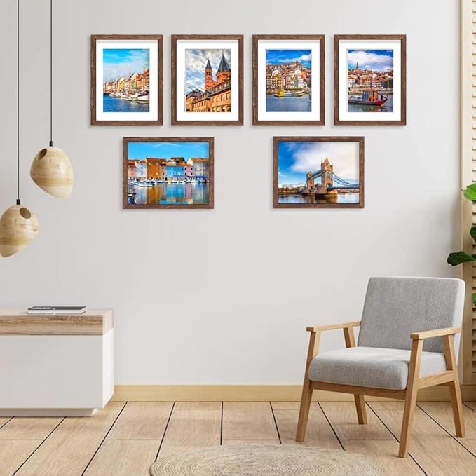 8x10 Picture Frame Set of 6, Display Pictures 5x7 with Mat or 8x10 Without Mat for Wall Mounting, Rustic Brown-CasaMuseHome