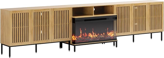 3-Sided Glass Farmhouse Fireplace TV Stand for TVs Up to 110 Inch, Oak Entertainment Center with 36" Electric Fireplace, TV Console with Storage Cabinets for Living Room-CasaMuseHome