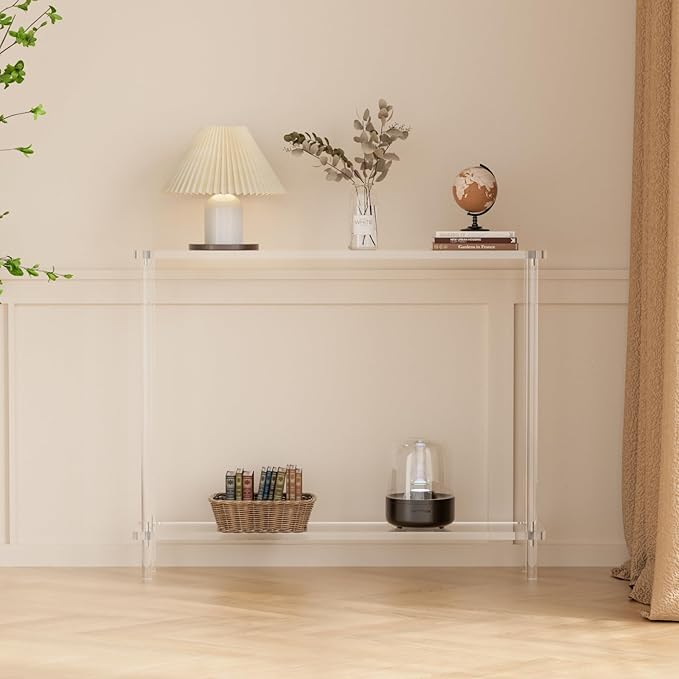 Acrylic Console Table, 2 Tier Acrylic Narrow Console Tables for Entryway,CHICUN, Square Legs, Skinny Console Table for Foyer, Sofa, Living Room,Clear-CasaMuseHome