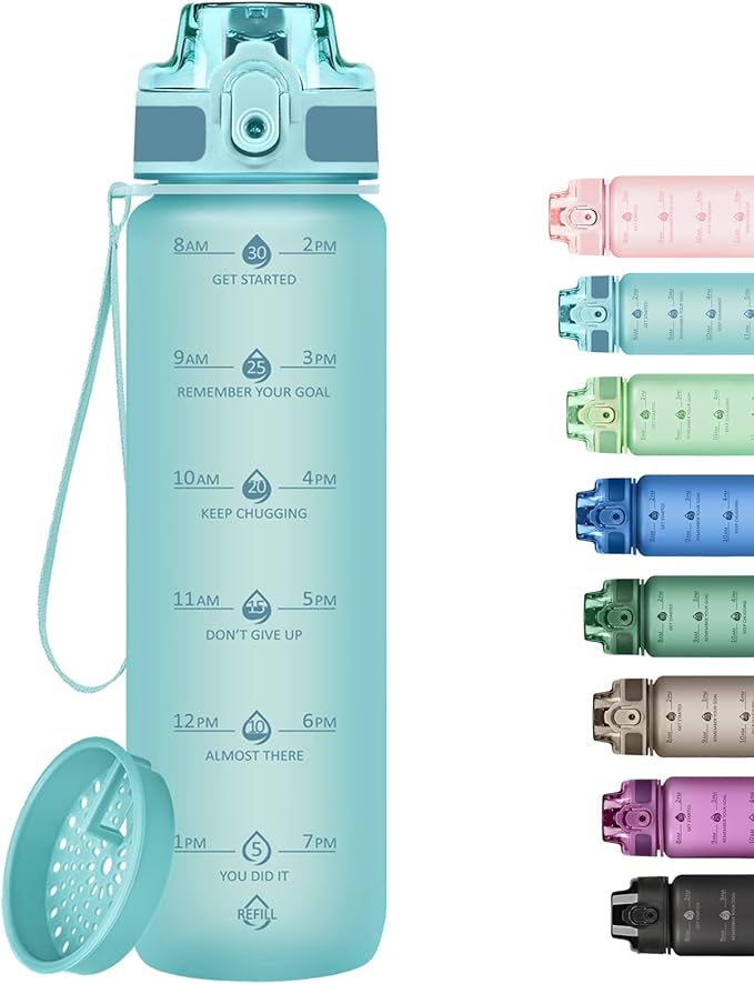 32oz Motivational Water Bottles with Time Marker & Fruit Strainer, Transparent Gradient Color Water Bottle with Times to Drink, Leakproof & BPA Free, Reusable Bottle with Strap (No Straw)-CasaMuseHome