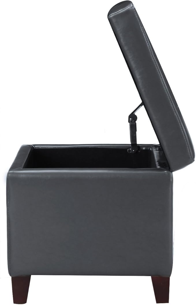 Adeco Bonded Leather Square Tufted Cubic Cube Storage Footstool, 18" Inch Ottomans & Storage Ottomans, With Lid, Dim Gray-CasaMuseHome