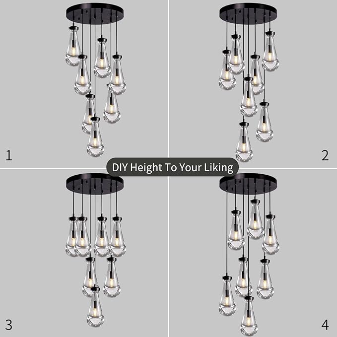 7 Light Raindrop Chandeliers, Bronze Teardrop Cluster Pendant Lights Kitchen Island, Black Dining Room Chandelier Over Table Hanging Pendant Lighting for High Ceiling, Entryway Staircase-CasaMuseHome