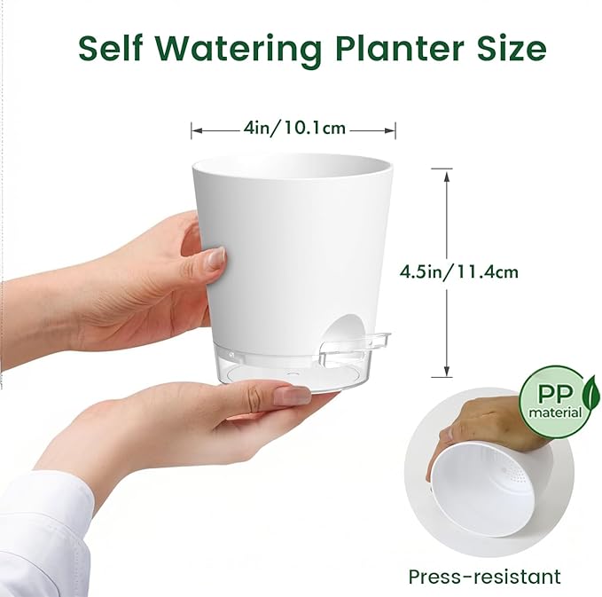 4 inch Self Watering Pots for Indoor Plants, 5 Pack Small Flower Plant Pots with Drainage Holes and Clear Reservoirs, Visible Water Level, Plastic Planters with Wicking Rope, White-CasaMuseHome