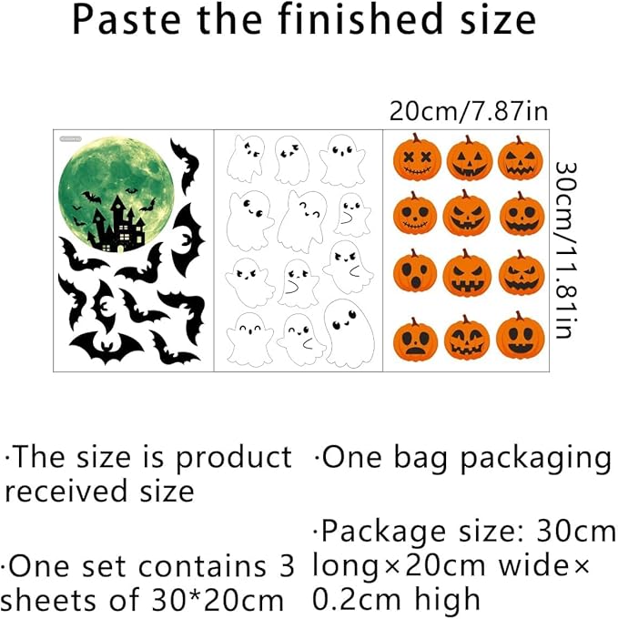 3 Sheets Glow in The Dark Halloween Window Clings Luminous Halloween Window Stickers Pumpkin Ghost Wall Decor Glowing Window Clings for Scary Halloween Theme Party Decorations-CasaMuseHome