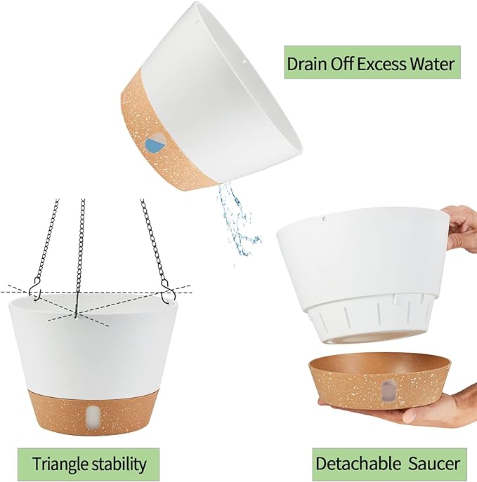 2 Pack 10 Inch Hanging Planters for Indoor Outdoor Plants, Hanging Plant Flower Pot Basket with Drainage Hole with Removable Tray&Hooks Self Watering Plant Pot for Hanging Plants, White-CasaMuseHome