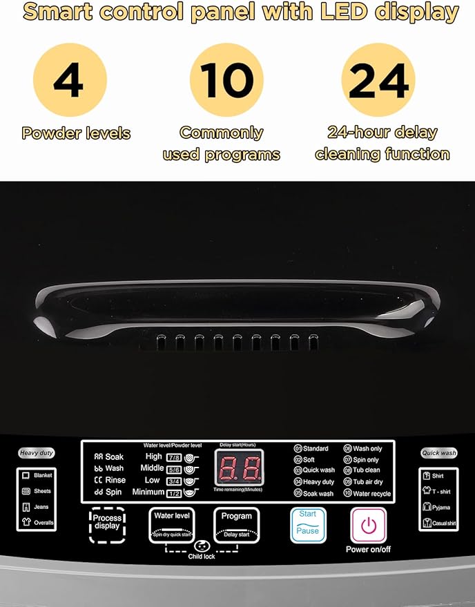 17.7 lbs Full-Automatic Washing Machine with LED Display, Portable Compact Laundry Washer with Drain Pump, 10 Wash Programs 8 Water Levels, Grey-CasaMuseHome