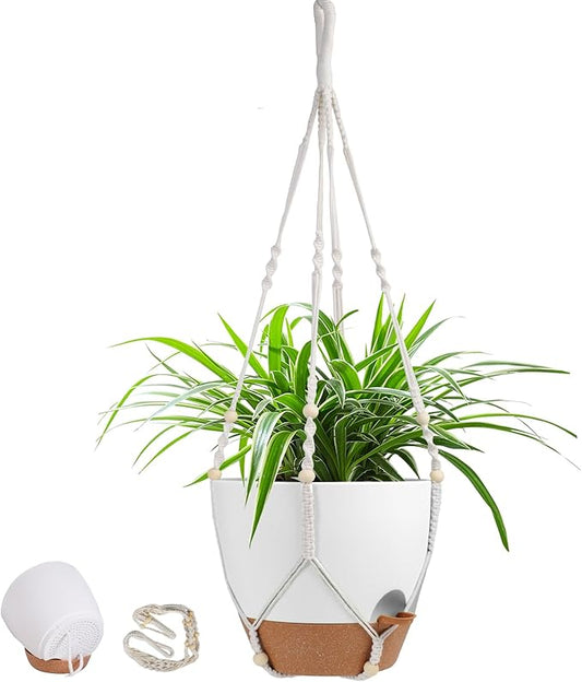 41.5 Inch Macrame Plant Hanger Indoor Outdoor with 12 Inch Flower Pot, Hanging Planter for Plants Holder with Wood Beads for Boho Home Decor (Ivory+White)-CasaMuseHome