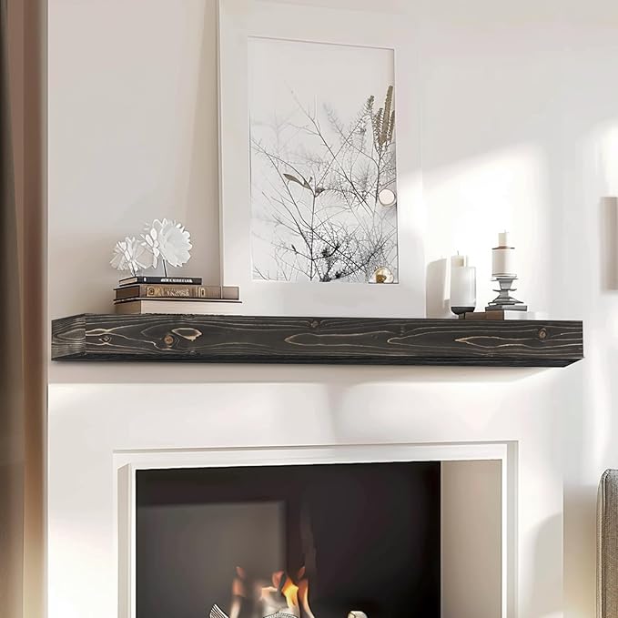 56x8x3 Fireplace Mantel - Handcrafted Hollow Rustic Solid Wood Wall Mounted Floating Shelf with Invisible Heavy Duty Wood Bracket (Weathered Black)-CasaMuseHome