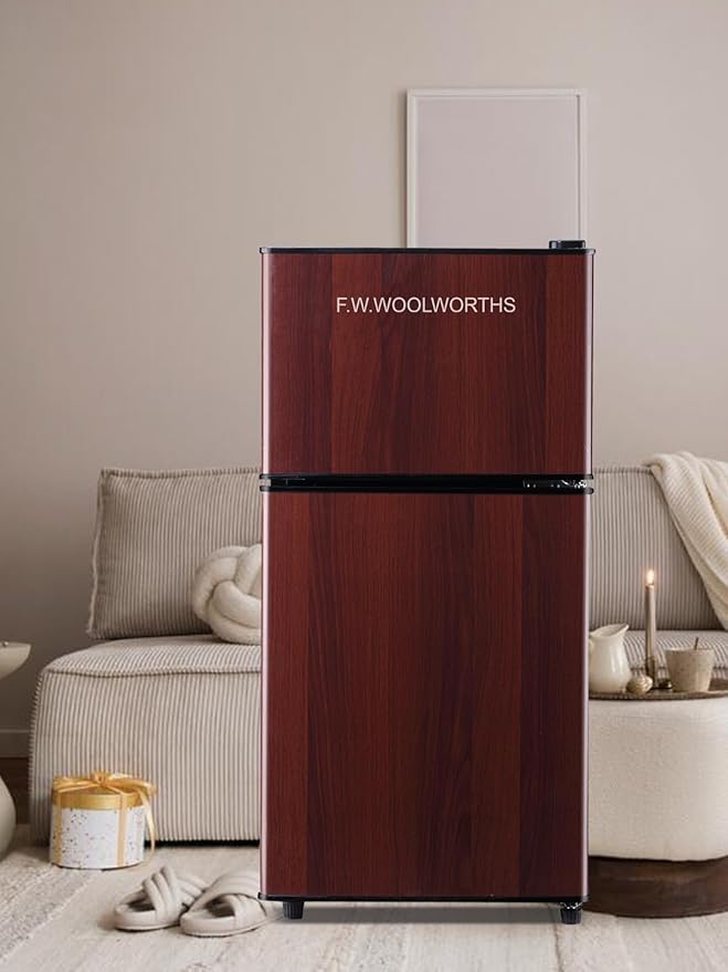3.5 Cu.Ft Mini Fridge with Freezer, Compact Refrigerator with 2 Doors for Office, Kitchen, Dorm and Bedroom, Small Fridge with 7 Level Temp Adjustable Thermostat, Wood-CasaMuseHome