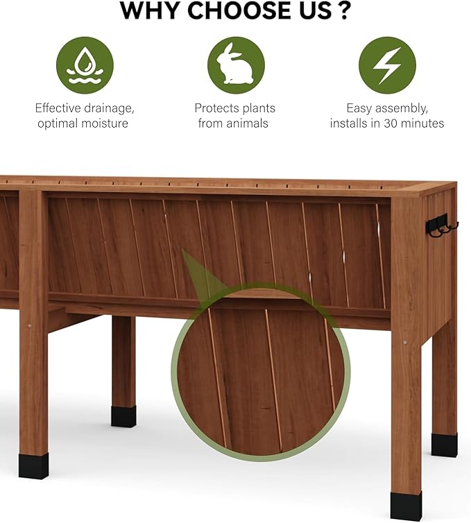 72x26x31 Inch Raised Garden Bed with Legs, 13.7In Depth Wooden Planter Box for Outdoor Growing Vegetables and Herbs, Elevated Garden Bed with Hooks for Backyard, Patio, Balcony-CasaMuseHome