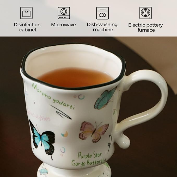 360ml -12.17oz Painted Butterfly Ceramic Mug - Cute Coffee Cup for Latte, Espresso - Gift for Women, Dishwasher Safe-CasaMuseHome