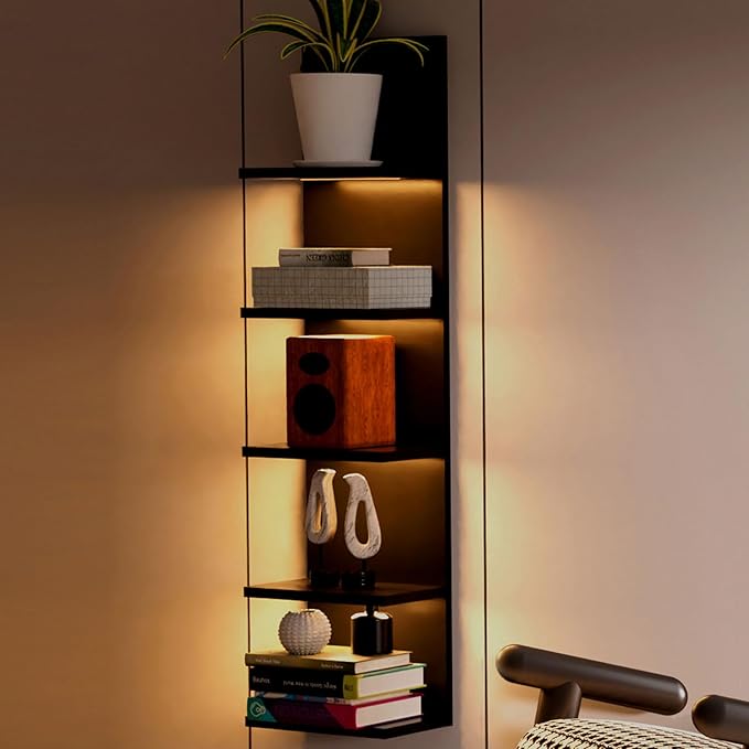 5 Tier Wall Shelf Unit, Black Modern Vertical Lack Wall Shelves with Light, Wall Mount, Floating Column Home Decor Shelves for Bedroom, Living Room, Vanity Storage Display-CasaMuseHome